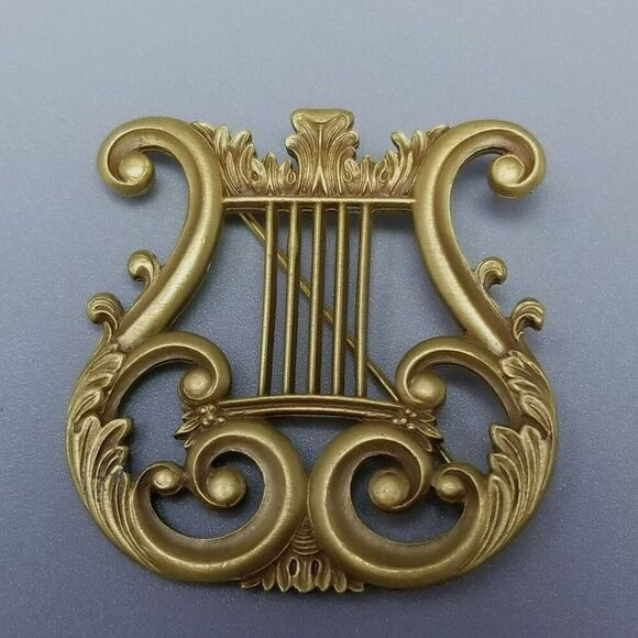 Vintage Hermitage Harp Satin Gold Tone Brooch, Signed Lapel Pin, Estate - Picture 2 of 8